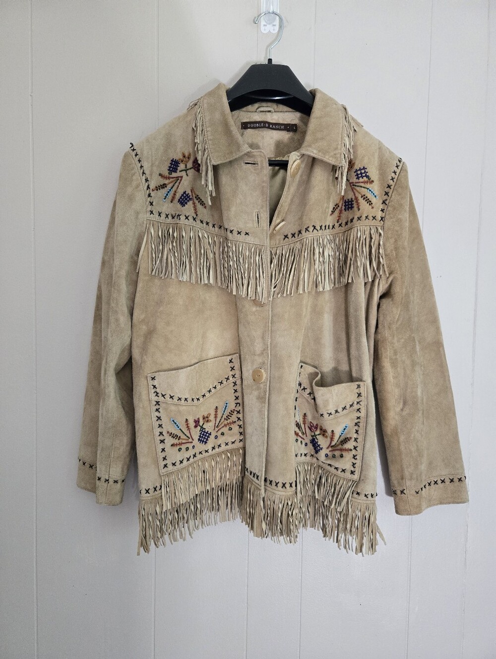 Vintage Double D Ranch Fringe Suede Leather Jacket Beaded Embroidery Western L - Picture 2 of 16